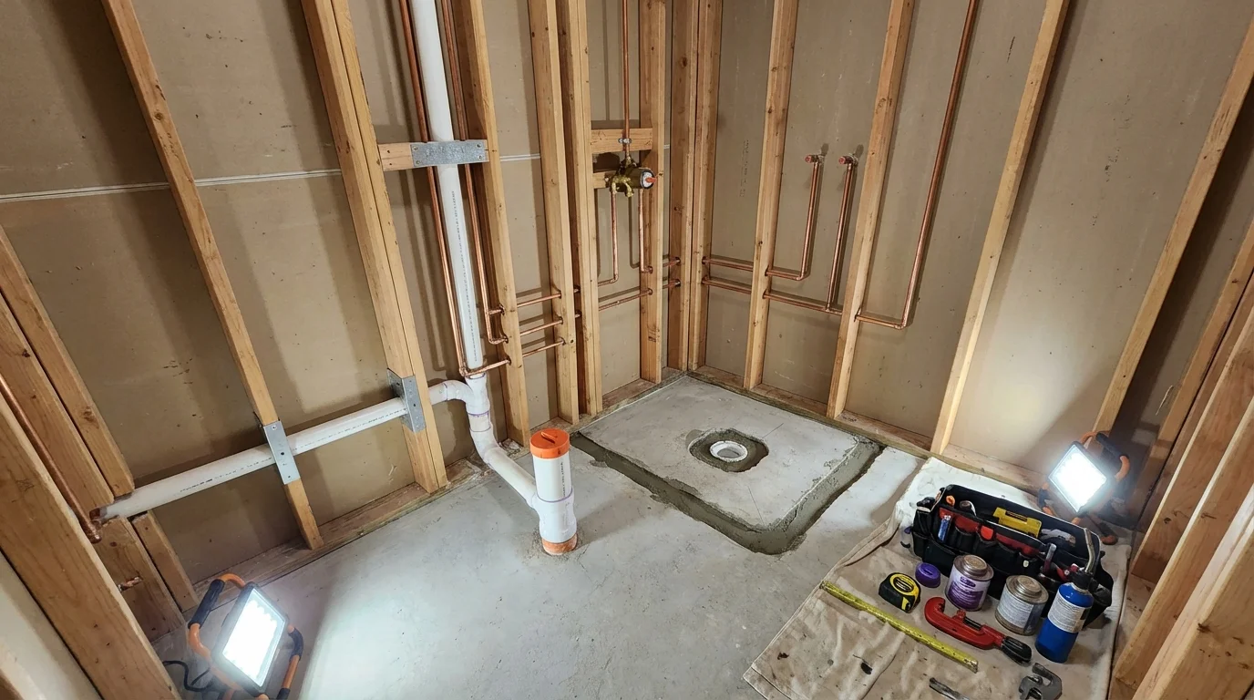 Bathroom rough-in plumbing during remodel by Johns Plumbing LLC in Wise