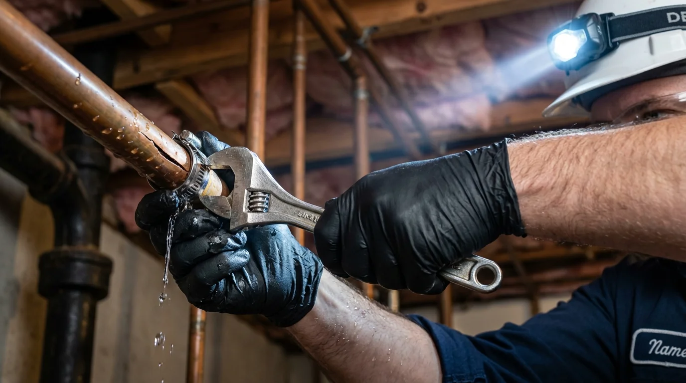 Emergency pipe clamp repair being performed by a Johns Plumbing LLC plumber in Wise