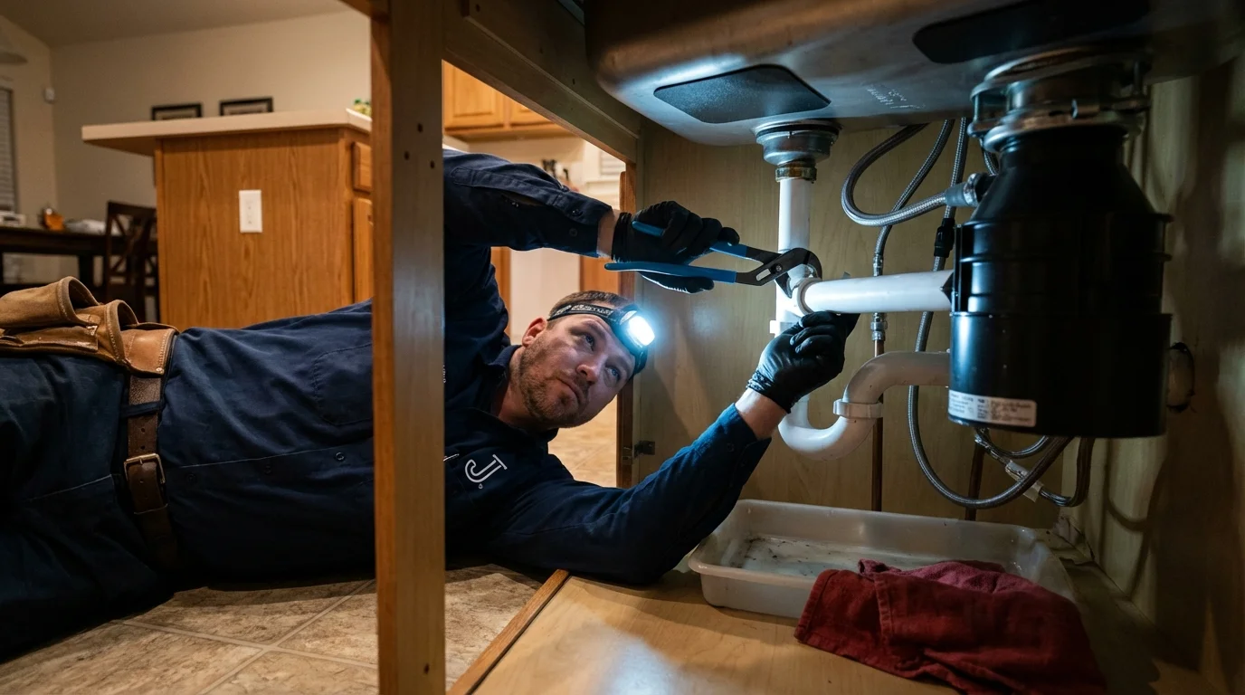 P-trap and supply line connections under a kitchen sink showing a common leak point in Wise, VA